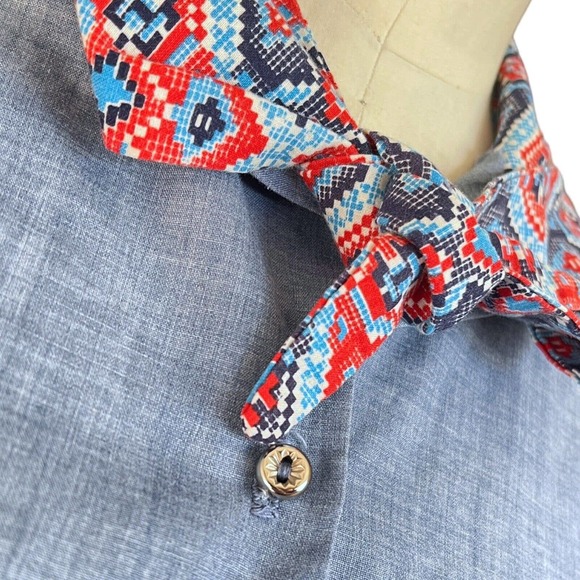 Vintage 60s Sears Perma Prest Blue Chambray Shirt Red White Blue Bandana Tie Top - Picture 2 of 6
